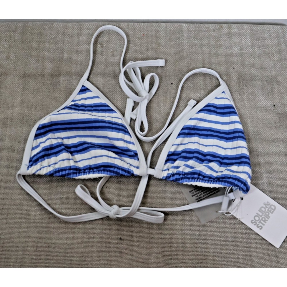SOLID & STRIPED Bikini Set Size Large Blue White Striped The Iris Top Bottom - Picture 3 of 8
